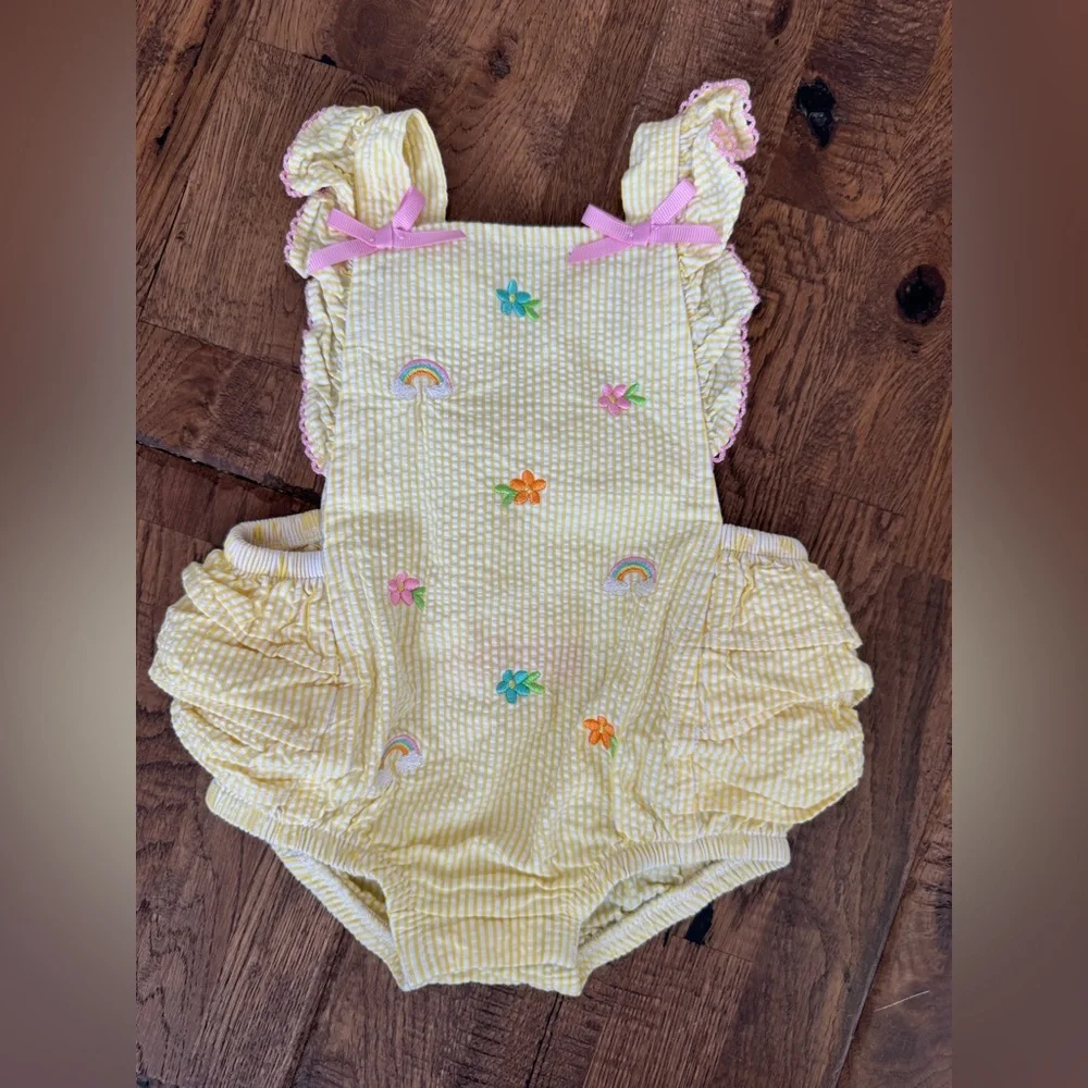 Goodlad Infant Ruffle Bubble Seersucker Embroidered Rainbow Flowers Bows 3 Mon B